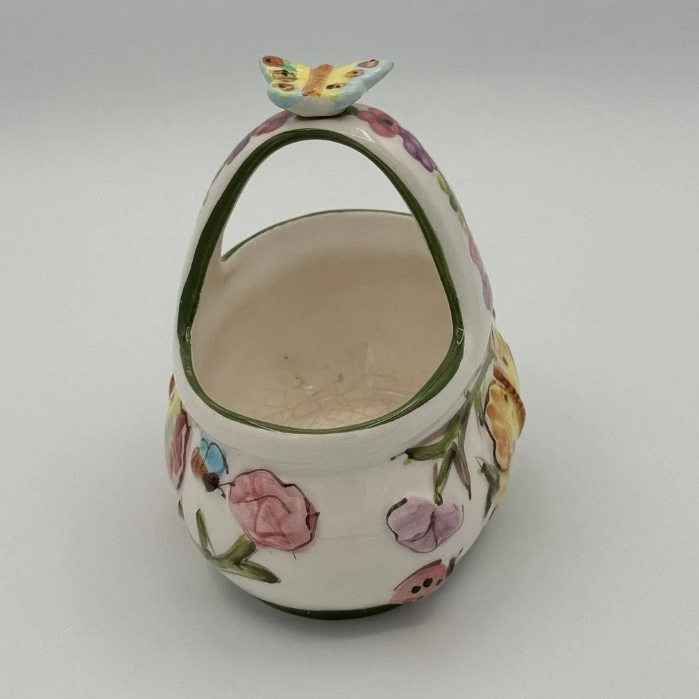 Vintage Ceramic Butterfly‎ Basket Planter Candy Dish Floral Hand Painted